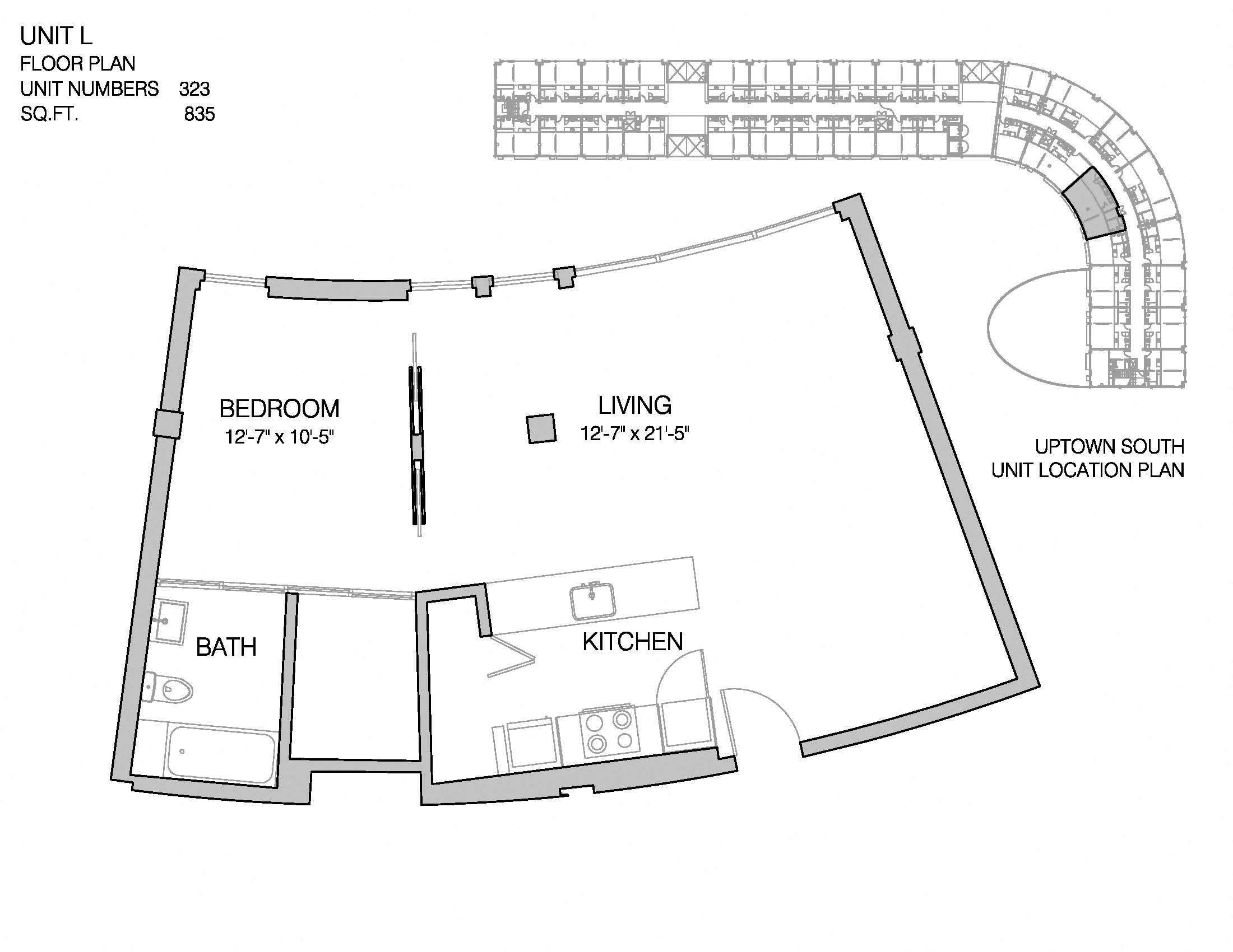 Floor plan for 1 bed, 1 bath, 835 sqft